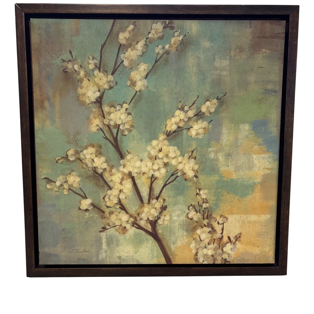 Kyoto Blossom Floral Canvas Painting Framed Teal Gold‎ 20x20 Art  S. Vassileva